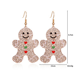 Gingerbread Man Рождественские серьги-подвески из сплава со стразами, с эмалью, акрилом, смолой и тканью, золотые, Колобок, 67x35 мм