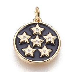 Золотой Латунь эмаль подвески, с кубического циркония, плоские круглые со звездой, чёрные, золотые, 17x15x2 мм, отверстие : 3.5 мм