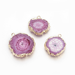 Серо-розавый Подвески из натурального окрашенного кварца, солнечный кварц, с позолоченными краями из латуни, плоско-круглые, увядшая роза, 25~42x22~23x4~6 мм, отверстие : 2.5 мм