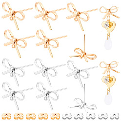 Golden & Silver 28Pcs 2 Colors Brass Stud Earring Findings, with Loop, Bowknot, Nickel Free, 28Pcs 2 Colors Brass Friction Ear Nuts, Golden & Silver, 8~10x15mm, Hole: 1~1.2mm, Pin: 0.7mm, 14pcs/color