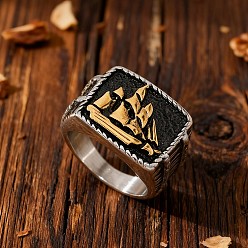 Античный Серебристый & Золотой 304 из нержавеющей стали кольца палец для мужчин, прямоугольник с рисунком парусника, старинное серебро & золотой, размер США 10 (19.8 мм)