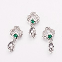Платинированный Долговечные латунные микропромывные кубические циркониевые льды, цветок, зелёные, Реальная платина, 18 мм, отверстия: 2x6 мм, штифты: 0.6 мм, внутренний: 3x5.5 mm