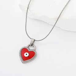 Red 304 Stainless Steel Enamel Evil Eye Heart Pendant Necklaces for Men Women, Stainless Steel Color, Red, 15.75 inch(40cm)