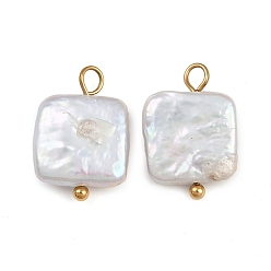 Настоящее золото 18K Подвески из натурального пресноводного жемчуга Кеши, квадратных амулеты, с 304 петлями из нержавеющей стали, белые, ионное покрытие (ip), реальный 18 k позолоченный, 16.5~18.5x10~13x3~5 мм, отверстие : 2~3.5 мм