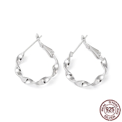 Real Platinum Plated Rhodium Plated 925 Sterling Silver Leverback Earrings, Twist Round Ring, Real Platinum Plated, 27x21x3mm