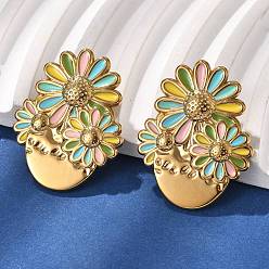 (52) Непрозрачная лаванда Цветок 304 из нержавеющей стали серьги стержня, с эмалью, real 18 k позолоченный, разноцветные, 36.5x29 мм