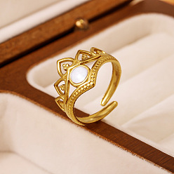 White 304 Stainless Steel Cuff Open Rings for Women, Crown, with Enamel, Real 18K Gold Plated, White, US Size 4 1/4(15mm)~20mm