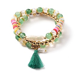 Green Gemstone Multi-layered Stretch Beaded Bracelets Sets, Stackable Bracelets, Including Acrylic Beads, Pearl Beads, Glass Beads, Non-magnetic Hematite Beads, Polymer Clay Beads, CCB Plastic Beads, Brass Beads, Cotton Thread Tassels, Green, Inner Diameter: 2-1/8 inch(5.5cm), 3pcs/set