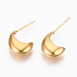 Real 18K Gold Plated Brass Half Hoop Earrings, Crescent Moon Stud Earrings, Nickel Free, Real 18K Gold Plated, 20~24x12~14mm, Pin: 0.7mm