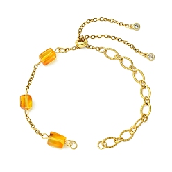 Настоящее золото 18K Изготовление браслета из натуральных янтарных бусин и цепочки с овальными звеньями из нержавеющей стали., реальный 304 k позолоченный, 18 дюйм (10.16 см)