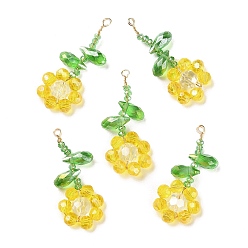 Золотистый Подвески из стеклянных бусин, с медной проволокой, Цветок жизни прелести, золотые, 30~32x13~14x5.5~6 мм, отверстие : 1.5~1.6 мм