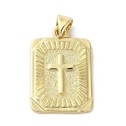 Настоящее золото 18K Стойки обшивки латунные подвески, долговечный, без кадмия и без свинца, прямоугольник с крестом, реальный 18 k позолоченный, 24x15.5x2 мм, отверстие : 4x3 мм