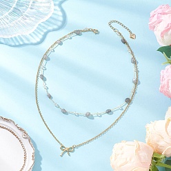 Лабрадорита 304 подвеска-бантик из нержавеющей стали с натуральными самородками лабрадорита, двухслойные цепочные ожерелья для женщин, золотые, 14.96 дюйм (38 см)