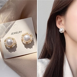 Others Alloy Imitation Pearl Stud Earrings for Women, with 925 Sterling Silver Pin, Round, 18x12mm