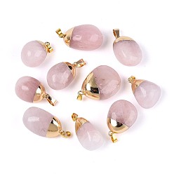 Розовый Кварц Природного розового кварца подвески, самородки прелести, с 201 защелкивающимися дужками из нержавеющей стали и латунной фурнитурой., золотые, 23~37x12.5~25x8~21.5 мм, отверстие : 5.5~7.5x2.5~4 мм