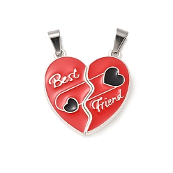 Красный Эмали сплава сплит подвески, сердце лучший друг очарование, платина, с магнитным, красные, 30.5x28.5x6 мм, отверстие : 7.5x3.5 мм