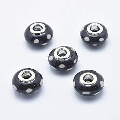 Schwarz Handgemachte  europäischen Fimo-Perlen, mit versilberten Messingkernen, Großloch perlen, Rondelle mit Punktmuster, Schwarz, 13~16x8~11 mm, Bohrung: 4.5~5 mm
