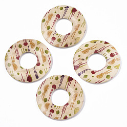Seashell Color Fruit Seris Printed Wood Pendants, Donut with Orange Pattern, Seashell Color, 45x5mm, Hole: 1.6mm