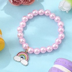 Pink АБС-пластик имитация жемчужных бусин эластичные браслеты, браслеты из сплава эмали для женщин, радуга, розовые, внутренний диаметр: 1-3/4 дюйм (4.5 см)