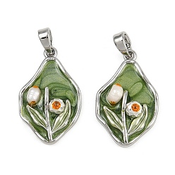 Средний Морско-зеленый Латунь эмаль подвески, с натуральной жемчужиной, реальный 18 k позолоченный, самородки с цветочным шармом, средний морской зеленый, 22x14x5.5 мм, отверстие : 5x3 мм