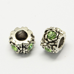Перидот Европейские бусины, сплав, стразы , цветочные большое отверстие бусы, античное серебро, перидот, 12x8 мм, отверстие : 5 мм