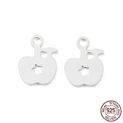 Silver 925 Sterling Silver Charms, Apple, Silver, 8x6.5x0.6mm, Hole: 1mm