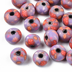 Old Rose Handmade Polymer Clay Beads, Rondelle with Flower, Old Rose, 8~9x6mm, Hole: 1.6mm