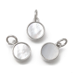 Платина Плоские круглые подвески из латуни и натуральных ракушек, с прыжковых колец, без кадмия и без свинца, стойки покрытие, долговечный, цвет морской раковины, платина, 10x8x2 мм, отверстие : 3.2 мм