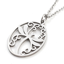 Stainless Steel Color Non-Tarnish 304 Stainless Steel Pendant Necklaces, Cable Chains, Oval with Dragonfly, Stainless Steel Color, 17.44 inch(44.3cm)