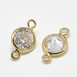 Настоящее золото 18K Латунные коннекторы, с кубического циркония, без кадмия, без никеля и без свинца, плоско-круглые, прозрачные, реальный 18 k позолоченный, 12x7x3 мм, отверстие : 1 мм