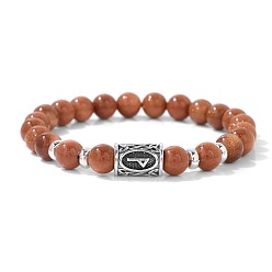Goldstone Alloy Nordic Viking Runes 8MM Synthetic Goldstone Round Beaded Stretch Bracelets, Antique Silver, 7.48 inch(19cm)
