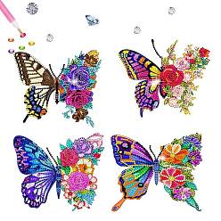 Mixed Color 4Pcs DIY Diamond Painting Sticker Kits, with Resin Rhinestones, Diamond Sticky Pen, Tray Plate and Glue Clay, Butterfly, Mixed Color, 170x145mm, 4pcs/set
