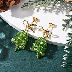 Морско-зеленый Серьги-гвоздики с рождественским колокольчиком из латуни, со стеклянным бисером и подвесками из сплава, золотые, цвета морской волны, 35x16.5 мм