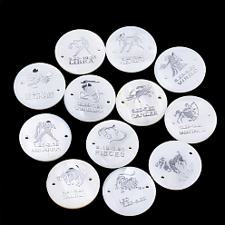 Platinum Freshwater Shell Links connectors, with Brass Findings, Flat Round with Constellation, White, Platinum, 20.5x3mm, Hole: 1mm, 12pcs/set