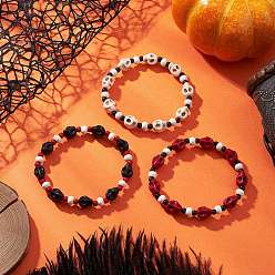 Mixed Color 3Pcs 3 Colors Synthetic Turquoise & Glass Seed Beads Bracelets, Stretch Bracelets for Men Women, Skull, Mixed Color, Inner Diameter: 2~2-1/8 inch(5~5.4cm), 1pc/color