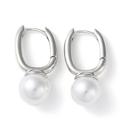 Платина Латунные серьги обруча, с пластиковой жемчужины, долговечный, без свинца и без кадмия, круглые, платина, 33x16.5x12 мм