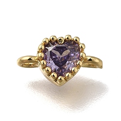 Средний Фиолетовый Стойка покрытие латунь кубический цирконий сердце звенья соединительные подвески, долговечный, без кадмия, без никеля и без свинца, реальный 18 k позолоченный, средне фиолетовый, 9x5x3.5 мм, отверстие : 1.2 мм