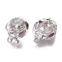 Платина Латунные серьги-гвоздики из циркония, французские серьги-клипсы, с петлей, роза, прозрачные, платина, 18.5x15x10.5 мм, отверстие : 1.8 мм, штифты : 0.7 мм