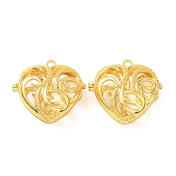 Golden Brass Cage Pendants, Heart with Moon Charms, Rack Plating, Golden, 31x34x15mm, Hole: 2.5mm