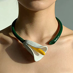 Green Alloy Enamel White Flower Hinged Cuff Choker Necklaces for Women, Golden, Green, 13.78 inch(35cm)