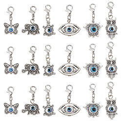 Античный Серебристый & Платиновый 4 наборы подвесных украшений от сглаза, подвески с застежкой-лобстером из сплава и смолы, цветок лотоса, сова, слон, глаз, бабочка и черепаха, старинное серебро и платина, 29~36 мм, 6 шт / комплект