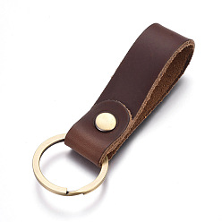 Coconut Brown Cowhide Leather Keychain, with Antique Bronze Plated Alloy Key Rings, Coconut Brown, 90x18mm