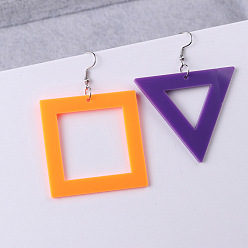 Темно-Синий Непрозрачные акриловые болтаться серьги, квадрат и треугольник, золотые, слева и справа, темно-синий, 71x50 мм и 55x65 мм