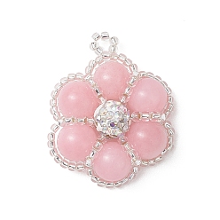 Машан Нефрит Подвески в виде цветов из окрашенного натурального нефрита машань, украшенные стеклянными бусинами., розовые, 31.5x27x8.5 мм, отверстие : 3x2.5 мм