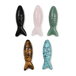 Смешанные камни Резные подвески из синтетической бирюзы, натурального розового кварца, тигрового глаза, обсидиана и зеленого авантюрина, рыбы прелести, смешанные окрашенные и неокрашенные, 39~40.5x13.5~15x11.5~12.5 мм, отверстие : 0.8~1 мм