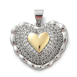 Сердце Латунные микро проложить кубического циркония подвески, Сердце с рисунком, стойки покрытие, долговечный, без кадмия и без свинца, настоящее 18 к позолота и платина, сердце, 18~19x22x7~8 мм, отверстие : 4x3 мм