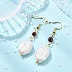 Creamy White Natural Baroque Keshi Pearl and Natural Amber Dangle Earrings, Nuggets, with 304 Stainless Steel Hooks, Golden, Creamy White, 51x14mm