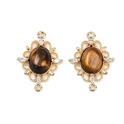 Настоящее золото 18K Подвески-подвески с овальным коннектором из натурального тигрового глаза, звенья в форме цветка из латуни с прозрачным кубическим цирконием, реальный 18 k позолоченный, 21x15.5x4.5 мм, отверстие : 1.2 мм