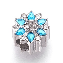 Нержавеющая Сталь Цвет 304 из нержавеющей стали европейские шарики, бусины с большим отверстием, со стразами, цветок, глубокое синее небо, цвет нержавеющей стали, 11x7.5 мм, отверстие : 4 мм