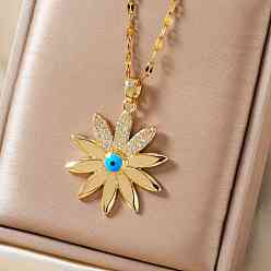Золотой Винтажные элегантные латунные микропаве прозрачные кубические циркониевые эмалевые ожерелья с ромашками и сглазом для женщин, золотые, 15.75 дюйм (40 см)